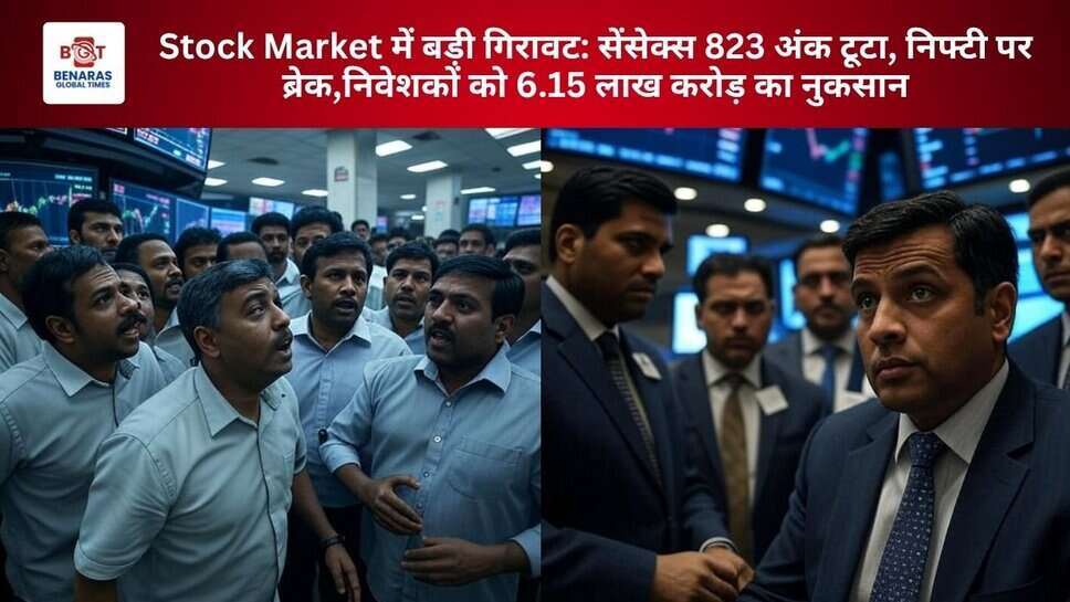 Stock Market में बड़ी गिरावट: सेंसेक्स 823 अंक टूटा, निफ्टी पर ब्रेक,निवेशकों को 6.15 लाख करोड़ का नुकसान