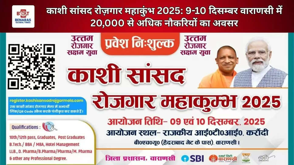  काशी सांसद रोज़गार महाकुंभ 2025: 9-10 दिसम्बर&nbsp;वाराणसी में 20,000 से अधिक नौकरियों का अवसर
