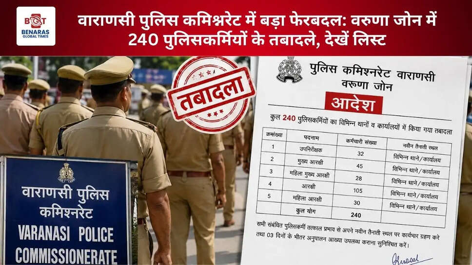  वाराणसी पुलिस कमिश्नरेट में बड़ा फेरबदल: वरुणा जोन में 240 पुलिसकर्मियों के तबादले, देखें लिस्ट