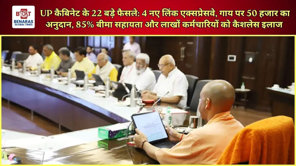  UP कैबिनेट के 22 बड़े फैसले: 4 नए लिंक एक्सप्रेसवे, गाय पर 50 हजार का अनुदान, 85% बीमा सहायता और लाखों कर्मचारियों को कैशलेस इलाज